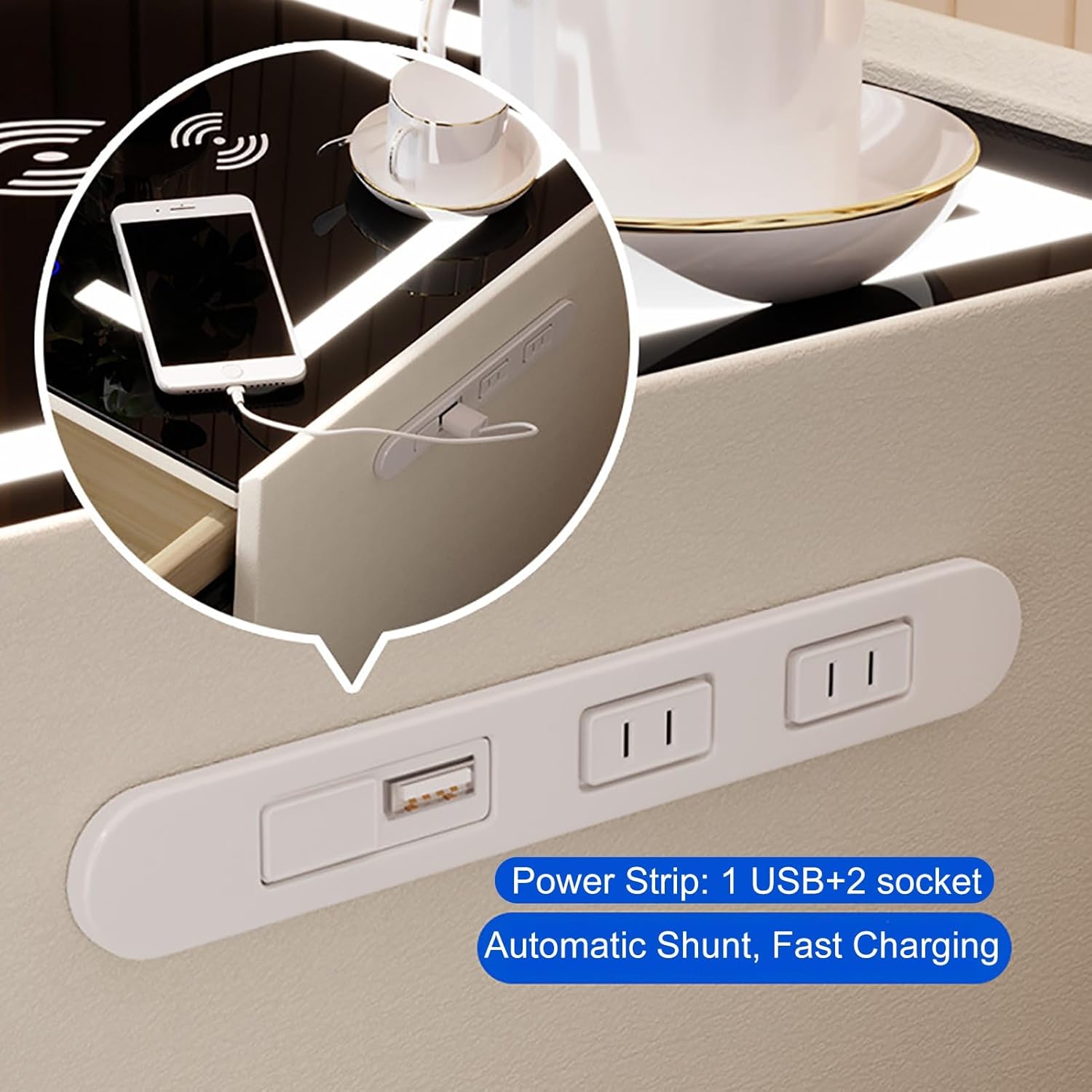 Noptiera cu statie de incarcare, seif ascuns si iluminare LED reglabila 3 culori pentru dormitor si living