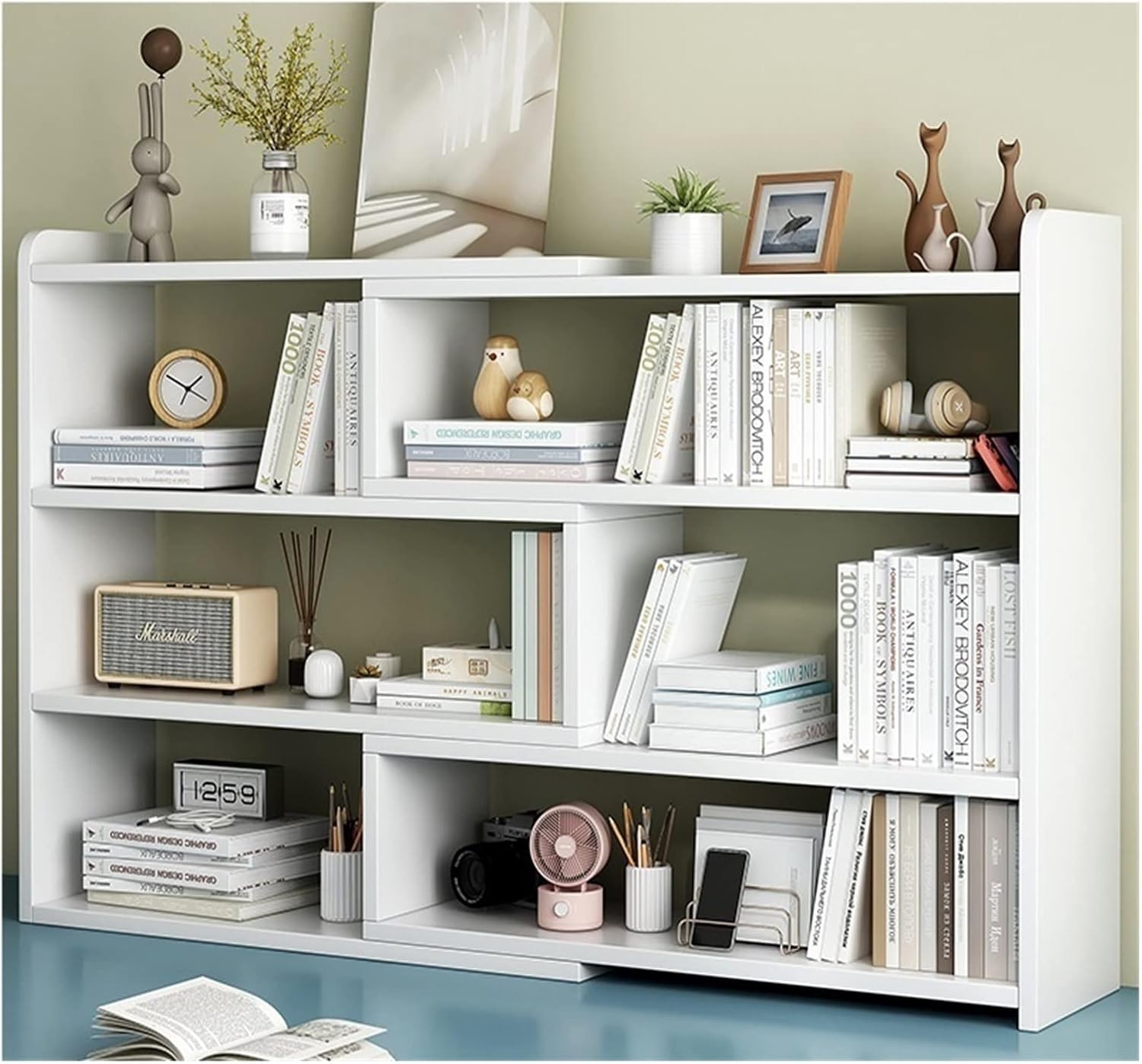RESIGILAT - Biblioteca cu 6 compartimente, rotativa, cu lungime reglabila si extensibila, (60-120)×17×80cm, alb