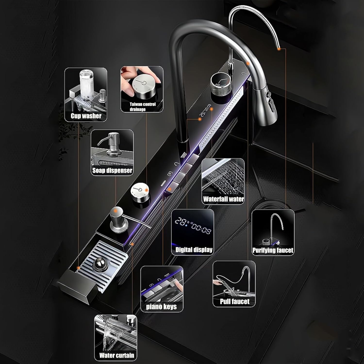 RESIGILAT - Chiuveta multifunctionala cu 2 cascade cu accesorii incluse, afisaj digital a temperaturii si robinet cascada, culoare negru grafit