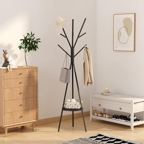 RESIGILAT - Cuier haine cu suport din lemn pentru accesorii, 9 carlige, otel carbon, 180 x 45 cm, negru