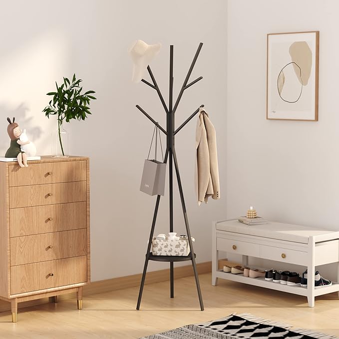 RESIGILAT - Cuier haine cu suport din lemn pentru accesorii, 9 carlige, otel carbon, 180 x 45 cm, negru