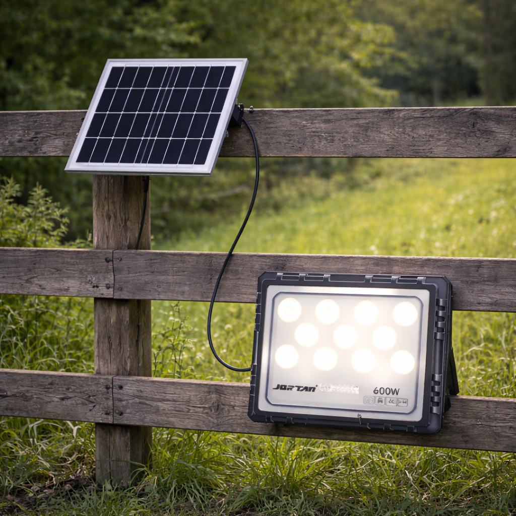 Proiector solar LED Jortan 600/800/1000W cu panou solar, telecomanda, IP66, iluminare exterior