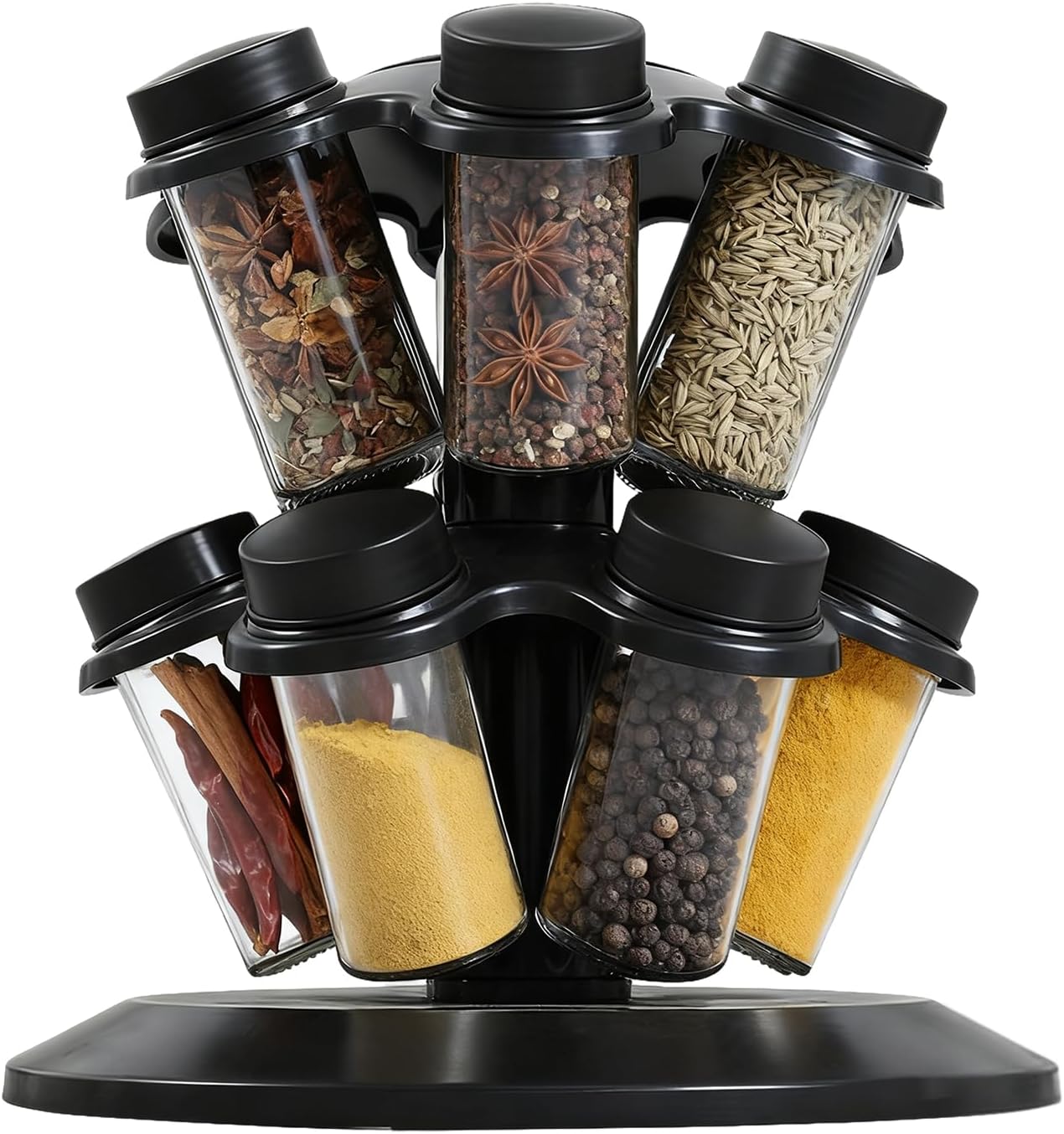 Suport rotativ pentru condimente cu 12 borcane, design tip ciuperca