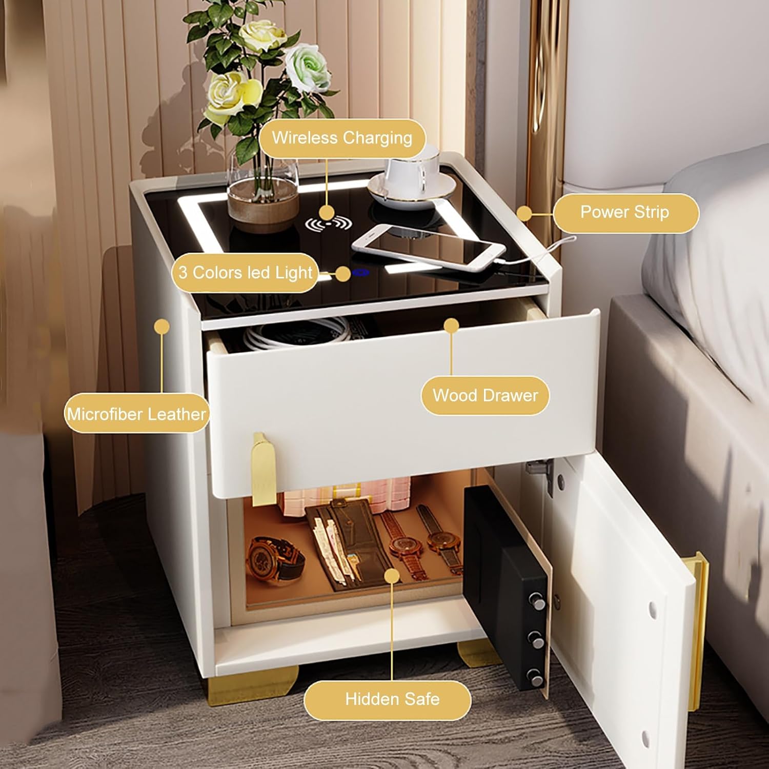 Noptiera cu statie de incarcare, seif ascuns si iluminare LED reglabila 3 culori pentru dormitor si living