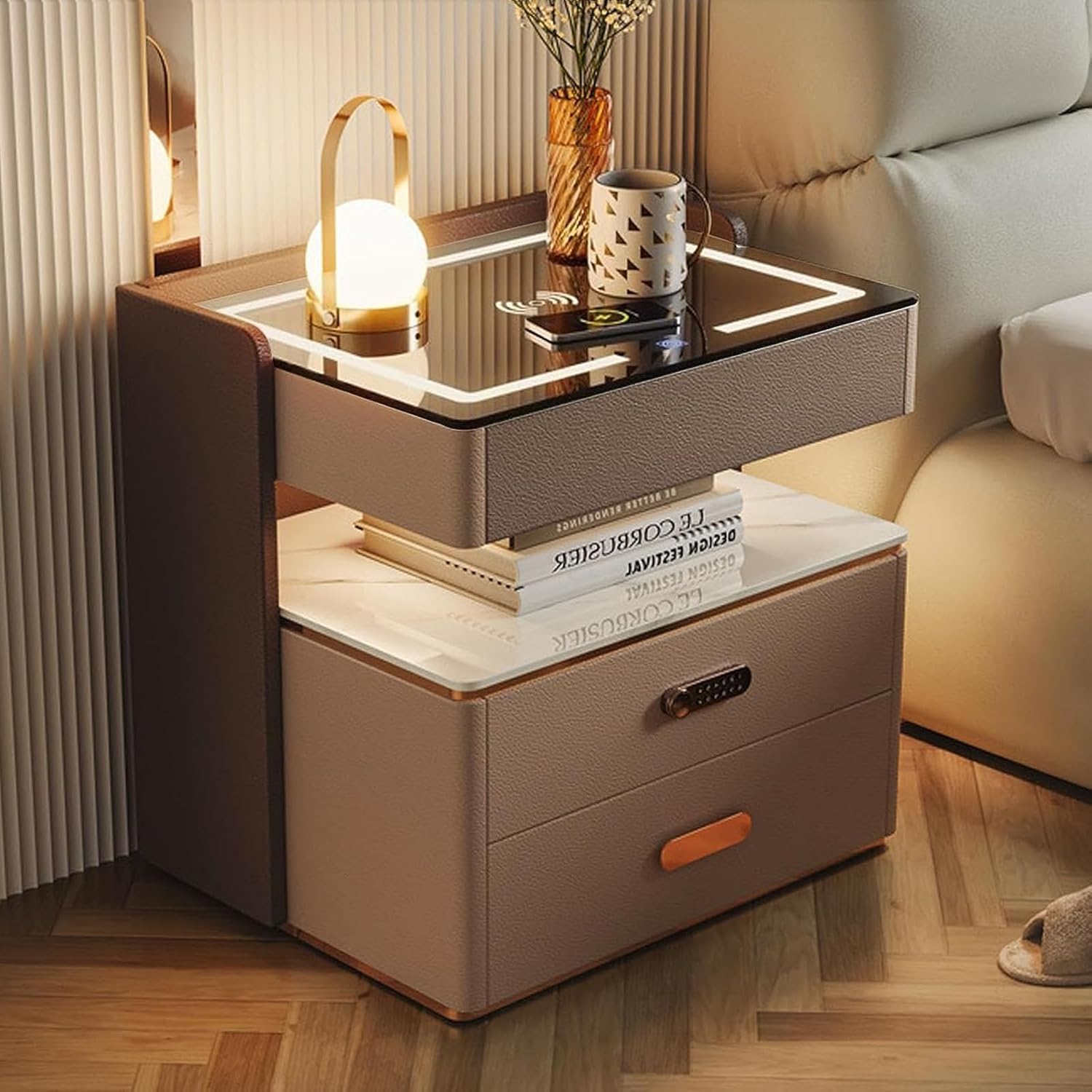 Noptiera inteligenta cu incarcare wireless, lumini LED reglabile, 3 sertare de depozitare, 50x40x56cm