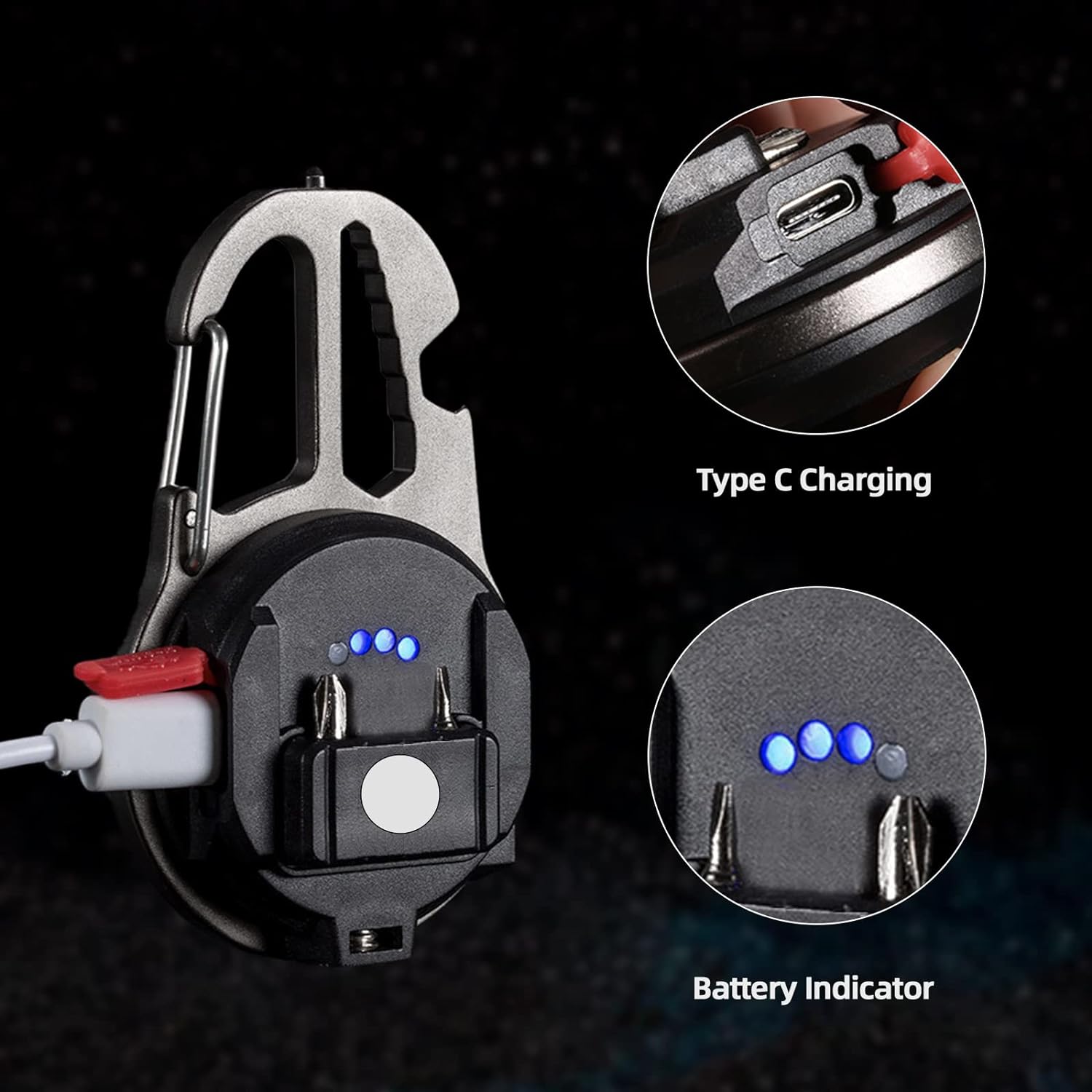 Lanterna LED tip breloc cu trepied,  dispozitiv spargere geamuri, surubelnite, cheie, deschizator sticle