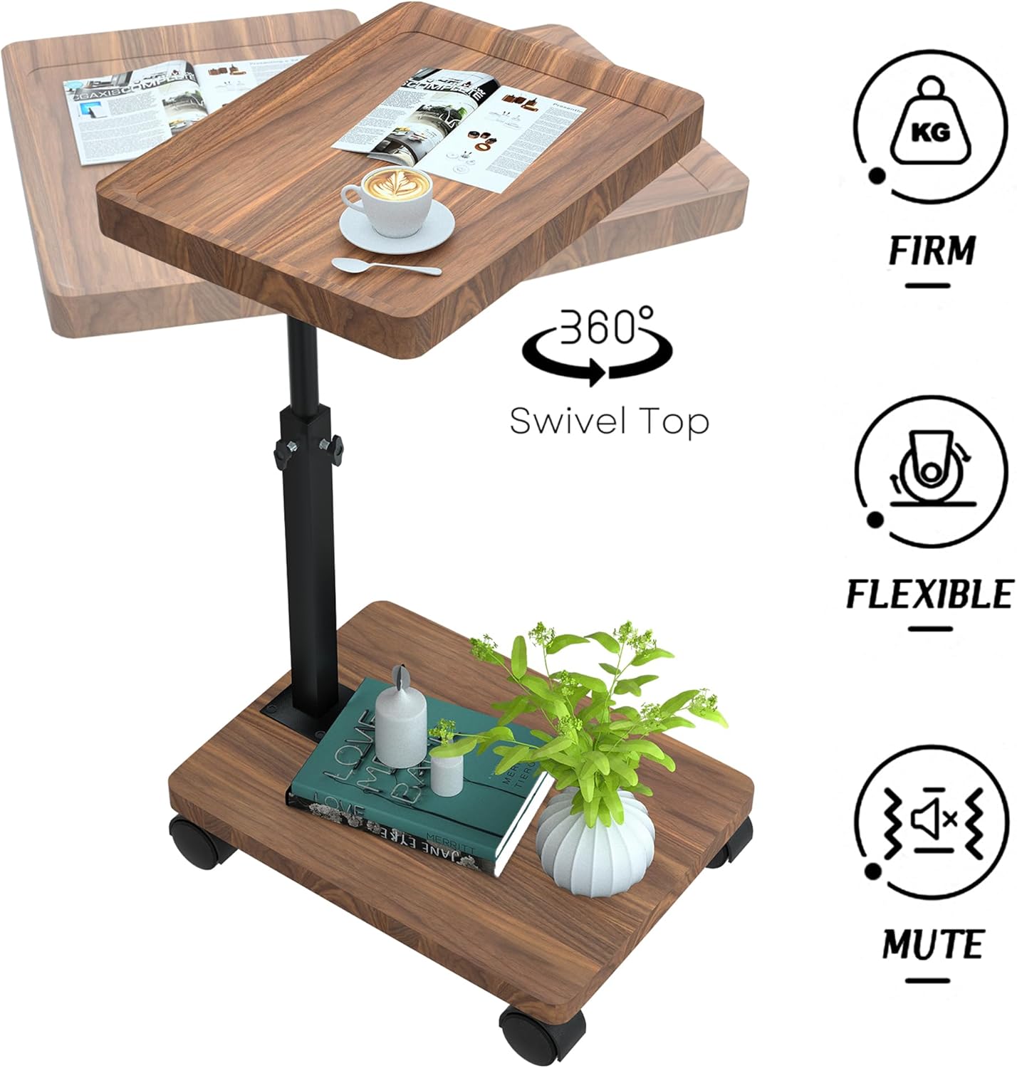 RESIGILAT - Masuta portabila pentru cafea, 2 blaturi MDF, inaltime ajustabila 45-80 cm, blat superior 40 x 30 cm, maro