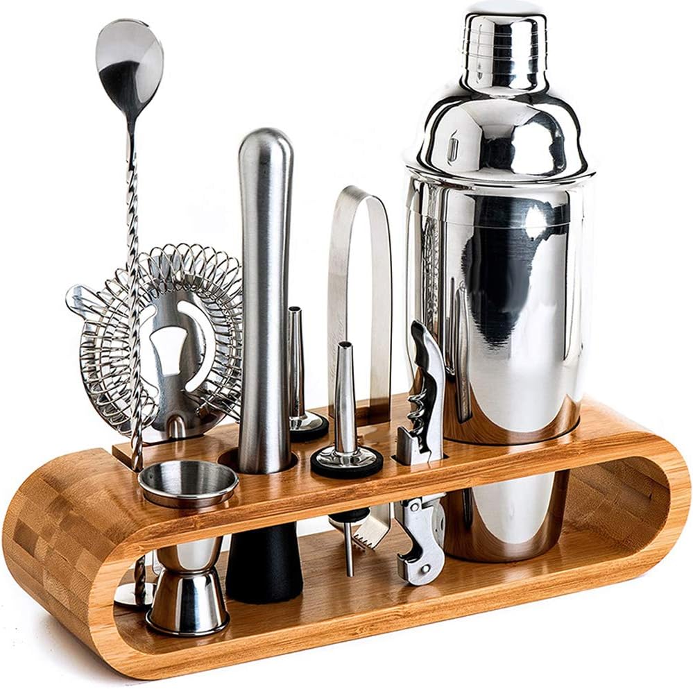 Set de Barman pentru Bauturi, suport din Bambus, Shaker Cobbler 550 ml, 10 Piese, Otel Inoxidabil, Argintiu