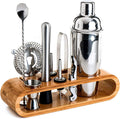 Set de Barman pentru Bauturi, suport din Bambus, Shaker Cobbler 550 ml, 10 Piese, Otel Inoxidabil, Argintiu