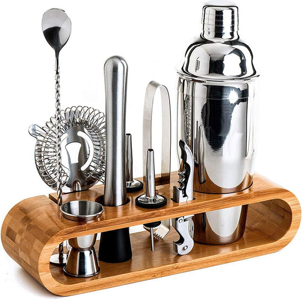 Set de Barman pentru Bauturi, suport din Bambus, Shaker Cobbler 550 ml, 10 Piese, Otel Inoxidabil, Argintiu