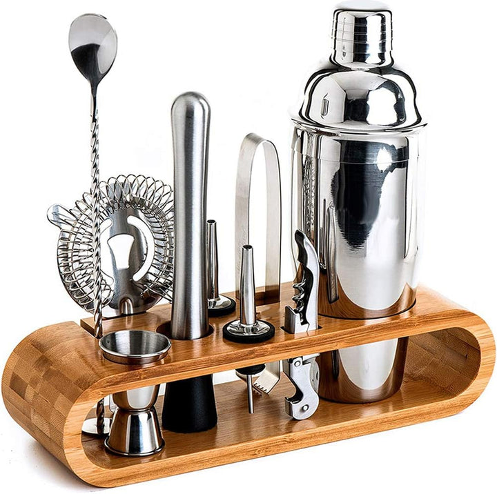 Set de Barman pentru Bauturi, suport din Bambus, Shaker Cobbler 550 ml, 10 Piese, Otel Inoxidabil, Argintiu