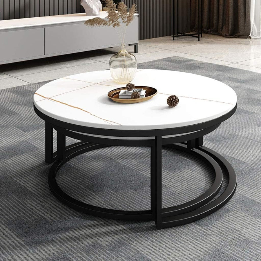 RESIGILAT - Set 2 masute rotunde de cafea cu efect de marmura, diametru 80/60 cm, blat MDF, cadru metalic