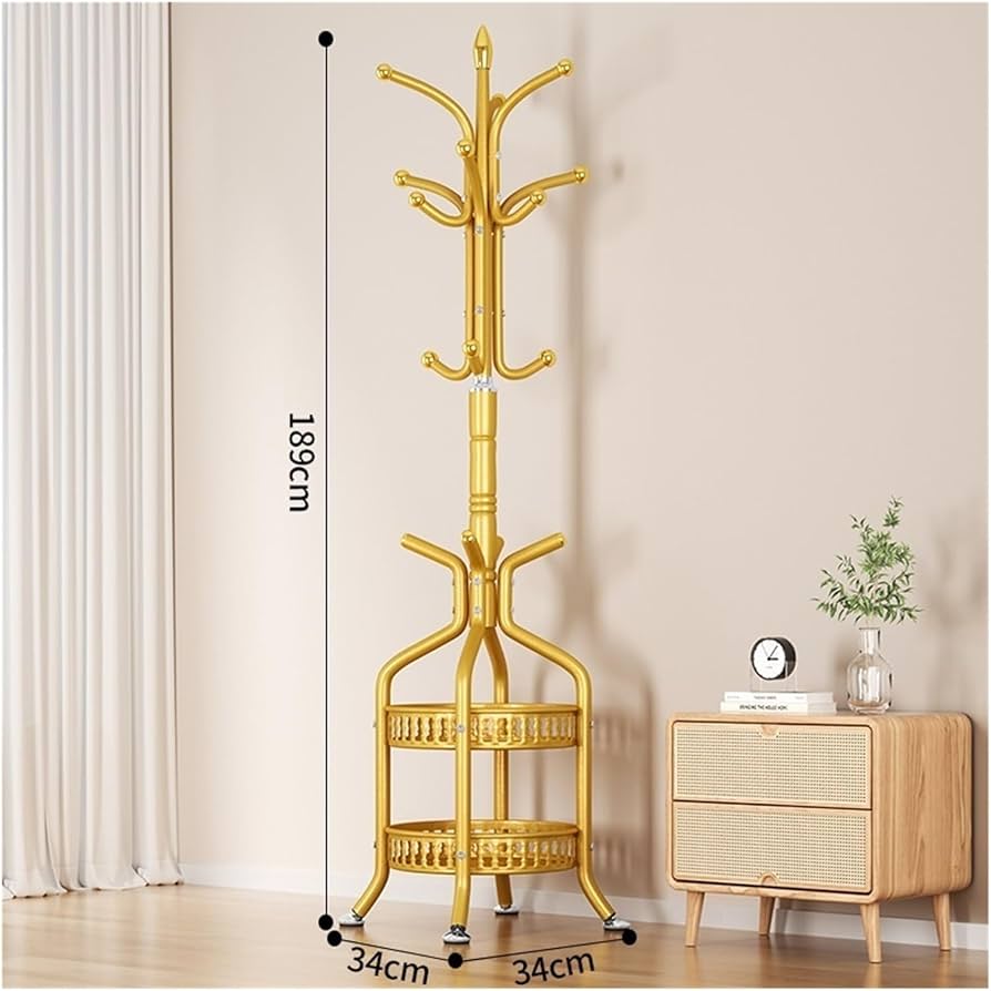 RESIGILAT - Cuier de podea metalic auriu, 34 x 189 cm, cu carlige multiple si 2 rafturi de depozitare, tip hall tree, pentru hol, dormitor sau birou