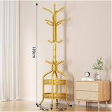 RESIGILAT - Cuier de podea metalic auriu, 34 x 189 cm, cu carlige multiple si 2 rafturi de depozitare, tip hall tree, pentru hol, dormitor sau birou