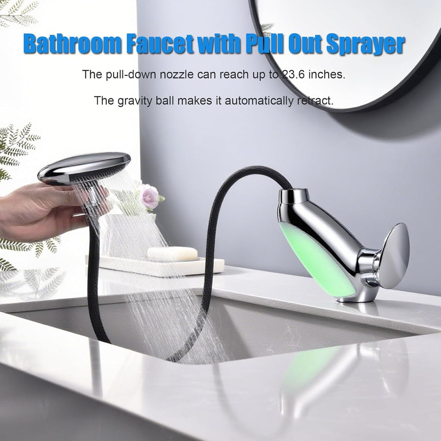 Baterie Chiuveta Baie Premium, 4 Tipuri de Jet, Cap Retractabil, Iluminare LED, Control Inteligent al Apei, Cartus Ceramic