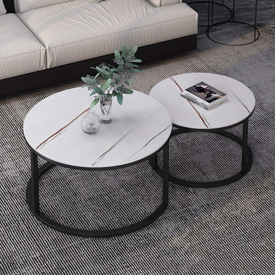RESIGILAT - Set 2 masute rotunde de cafea cu efect de marmura, diametru 80/60 cm, blat MDF, cadru metalic