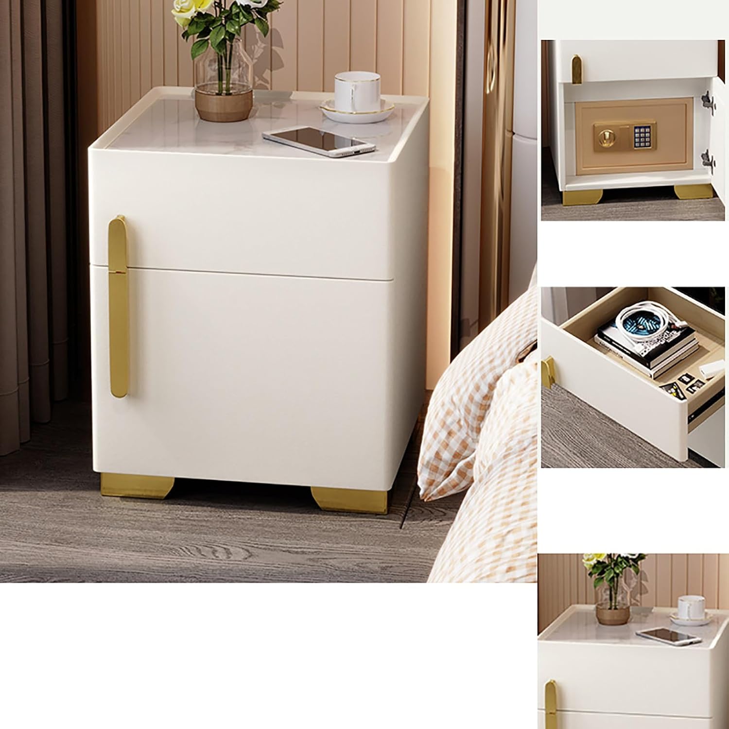 Noptiera cu statie de incarcare, seif ascuns si iluminare LED reglabila 3 culori pentru dormitor si living