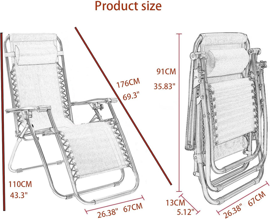 Set 2 sezlonguri Zero Gravity rabatabile 176x67x110 cm – plasa Teslin, perna si tava suport