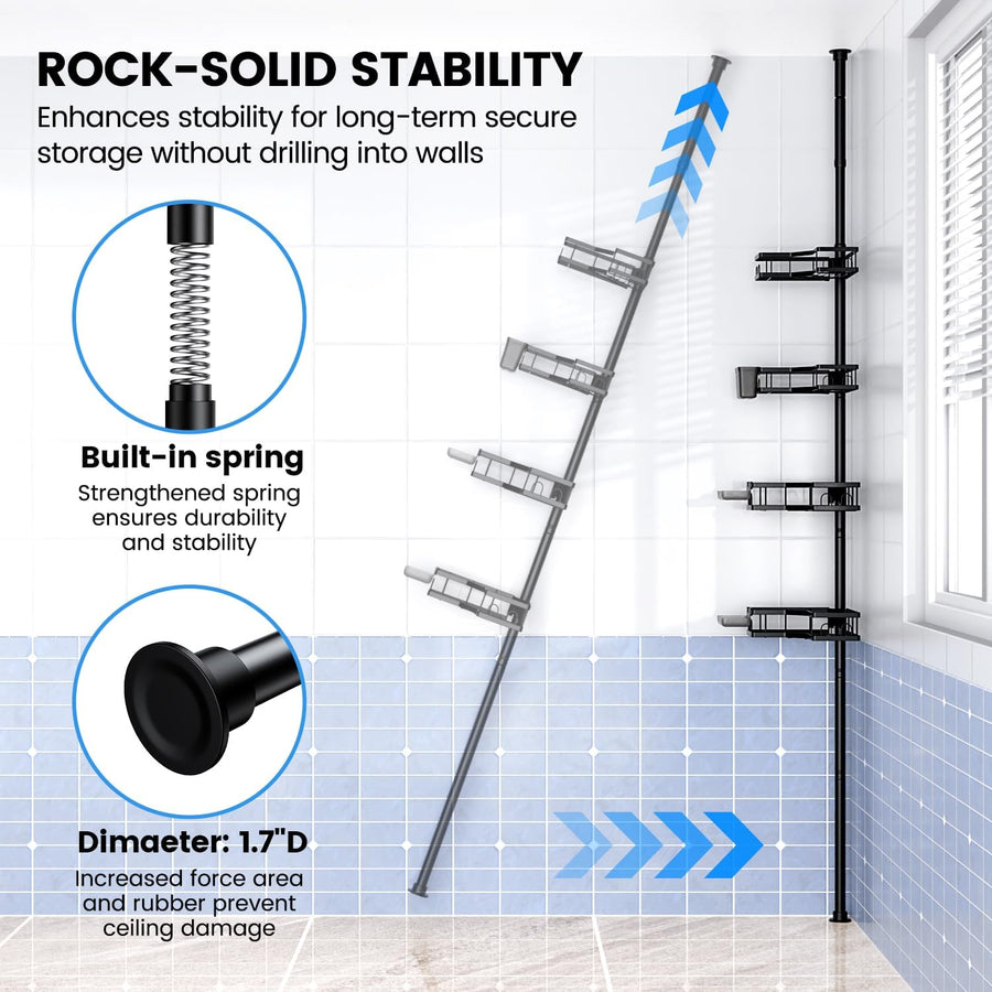 Etajeră metalică colț baie cu 4 rafturi – organizator extensibil vertical, fără găurire, 110-305 cm