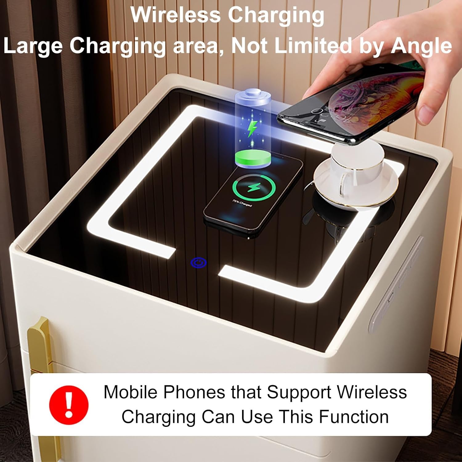 Noptiera cu statie de incarcare, seif ascuns si iluminare LED reglabila 3 culori pentru dormitor si living