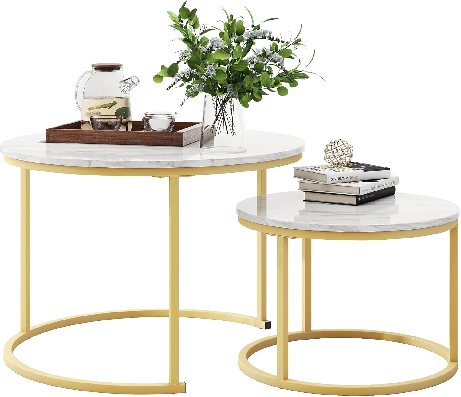 RESIGILAT - Set 2 masute rotunde de cafea cu efect de marmura, blat MDF, cadru metalic auriu, 70x45 cm si 50x38 cm