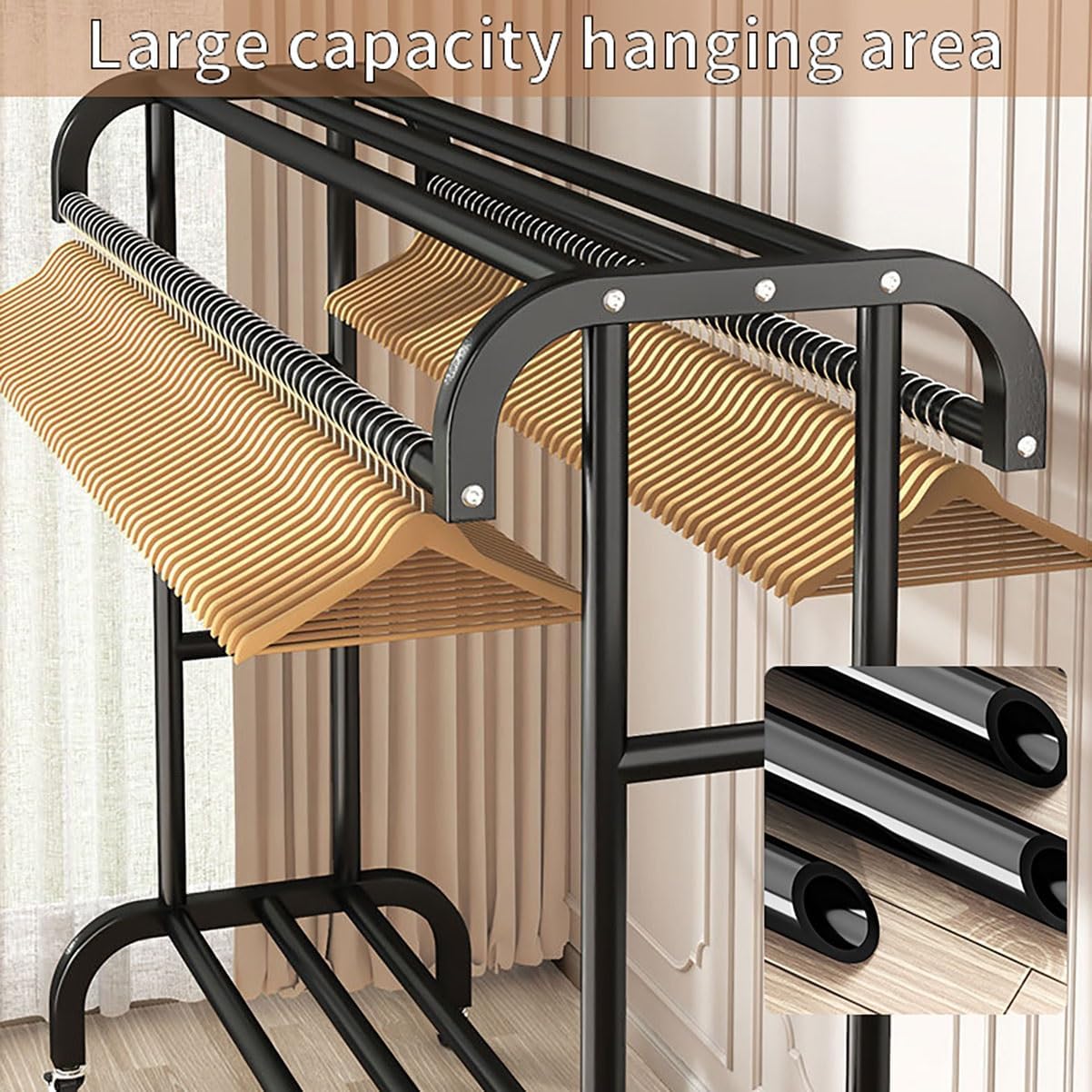 Suport dublu de umerase pentru haine, cu 1 suport de pantofi, din metal, cu raft depozitare deasupra – 50KG greutate maxima, 150 x 110 x 50cm