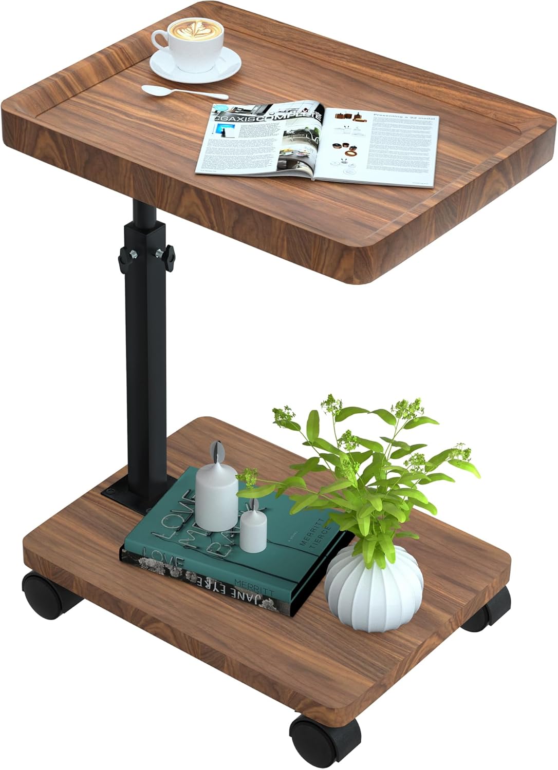 RESIGILAT - Masuta portabila pentru cafea, 2 blaturi MDF, inaltime ajustabila 45-80 cm, blat superior 40 x 30 cm, maro