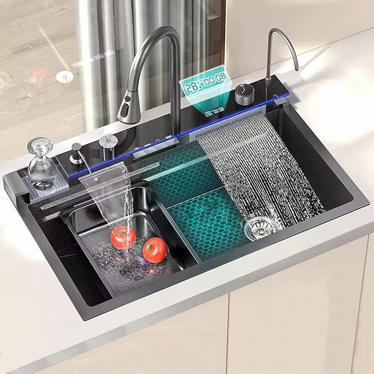 RESIGILAT - Chiuveta multifunctionala cu 2 cascade cu accesorii incluse, afisaj digital a temperaturii si robinet cascada, culoare negru grafit