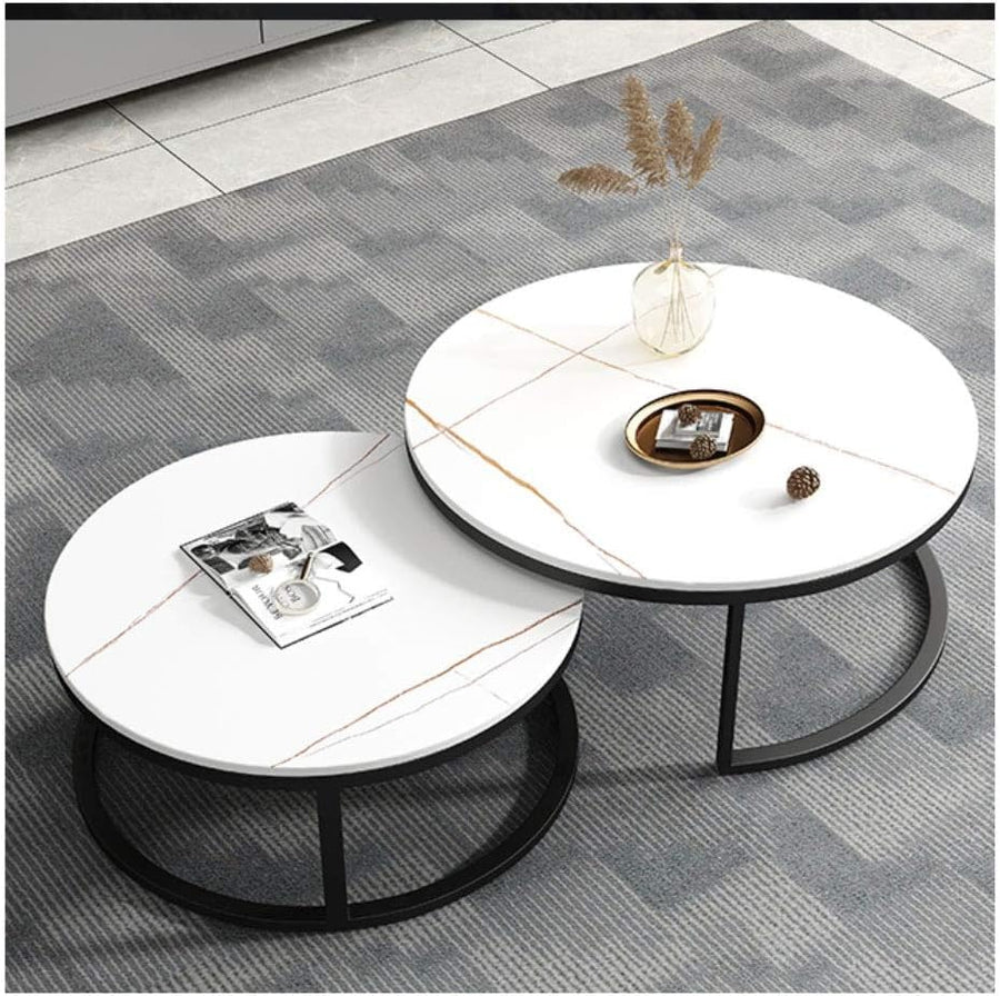 RESIGILAT - Set 2 masute rotunde de cafea cu efect de marmura, diametru 80/60 cm, blat MDF, cadru metalic