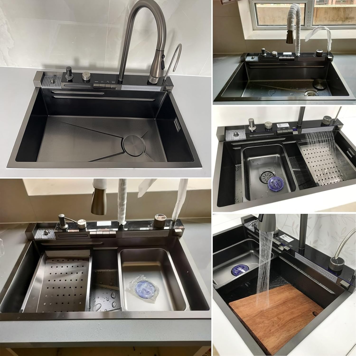RESIGILAT - Chiuveta multifunctionala cu 2 cascade cu accesorii incluse, afisaj digital a temperaturii si robinet cascada, culoare negru grafit