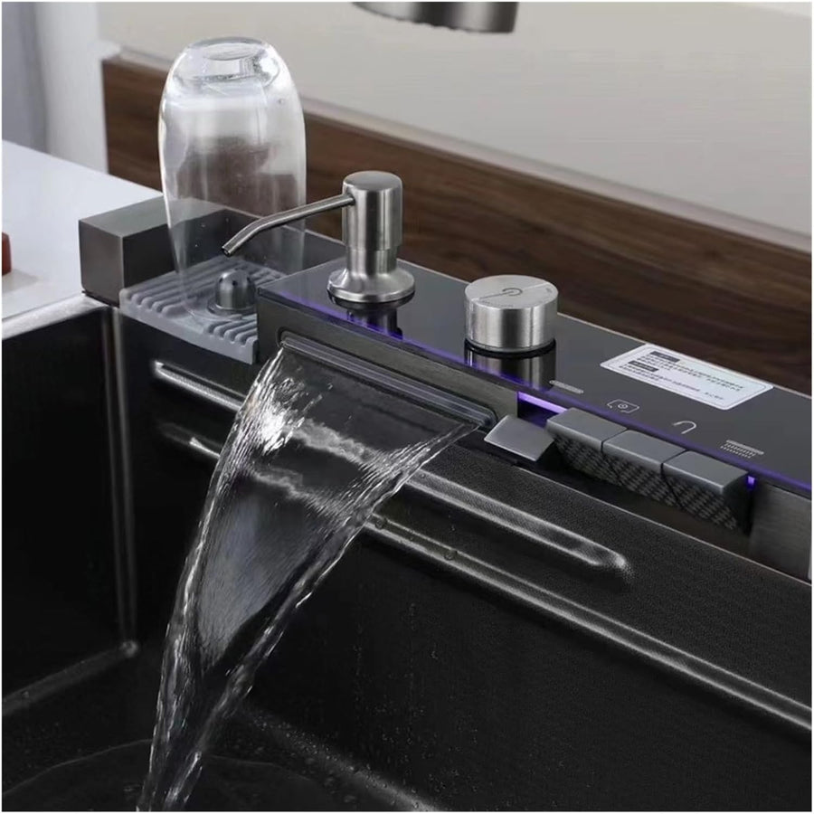 Chiuveta Bucatarie Multifunctionala Negru Grafit cu 2 Cascade, Robinet Cascada, Afisaj Digital Temperatura, Accesorii Incluse