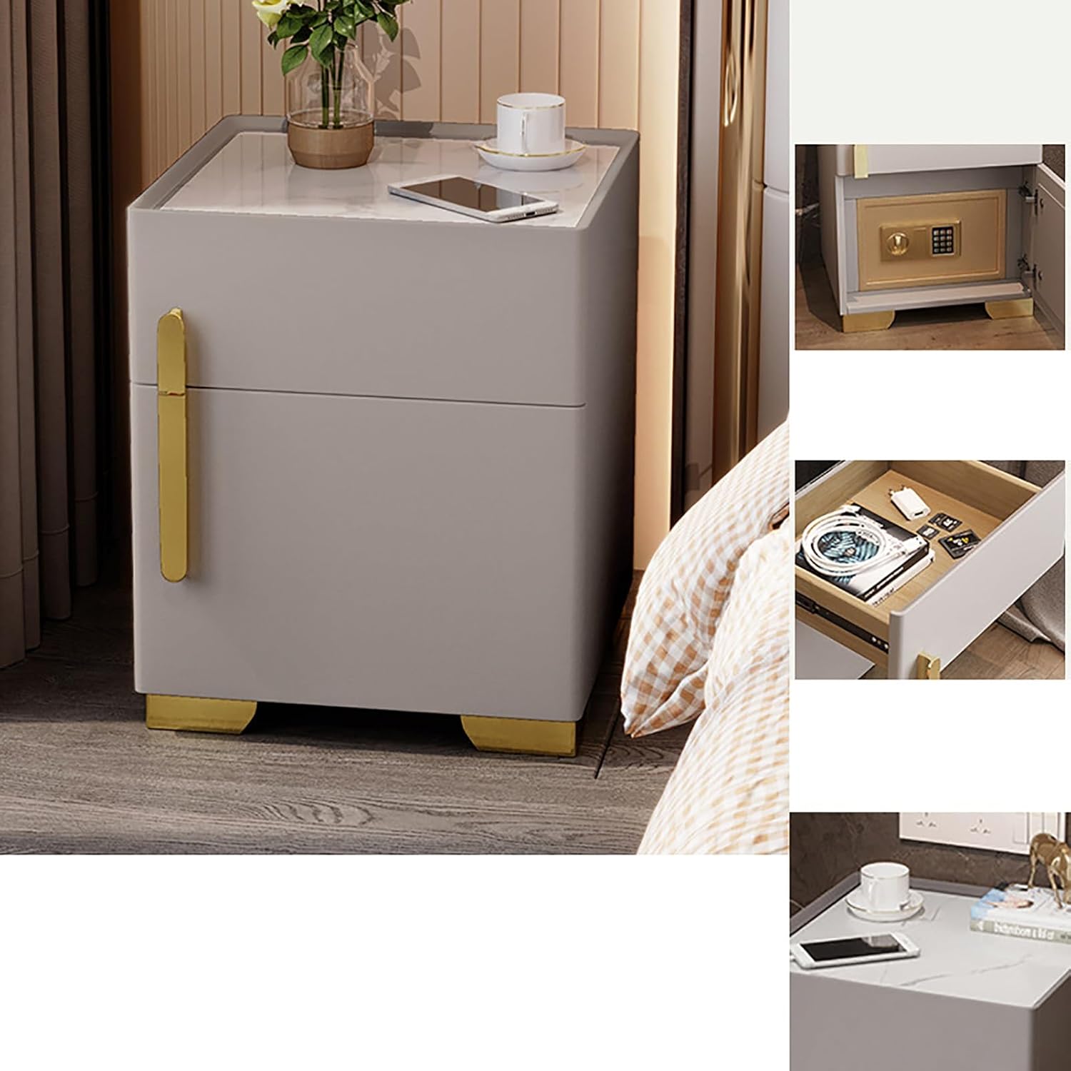 Noptiera cu statie de incarcare, seif ascuns si iluminare LED reglabila 3 culori pentru dormitor si living