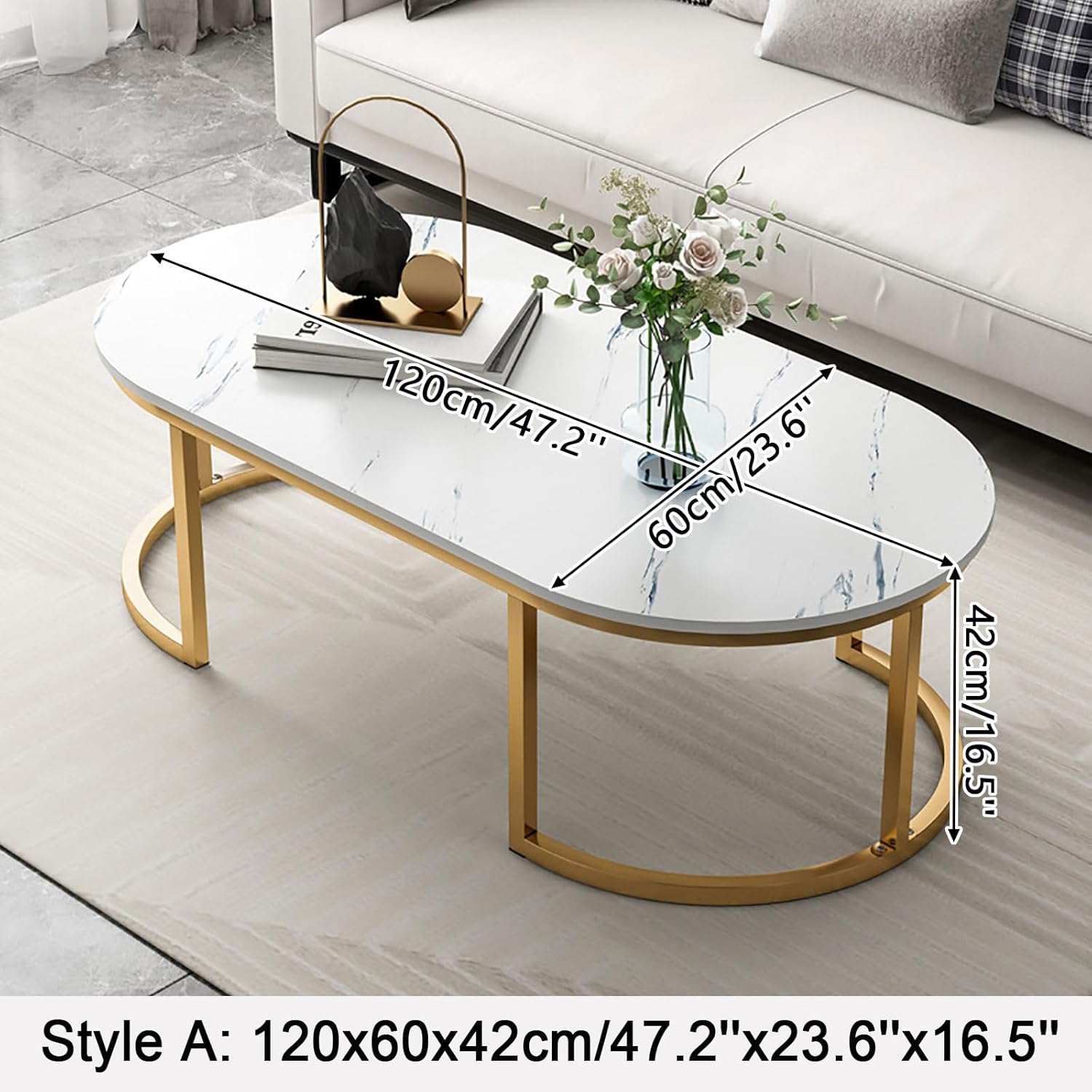 RESIGILAT - Masuta de cafea ovala, minimalista, design nordic, aspect marmura alba, 120 x 60 x 45 cm