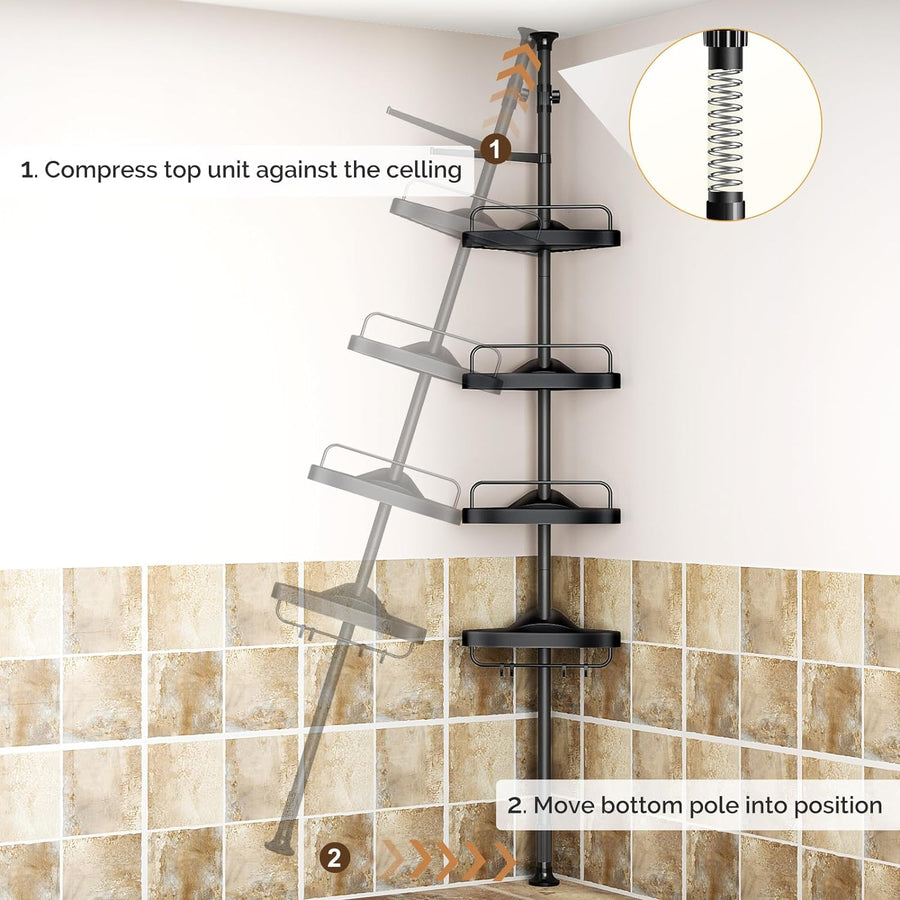 Etajera colt pentru baie si dus, 4 sau 5 rafturi, inaltime reglabila 320 cm, montare pe colt