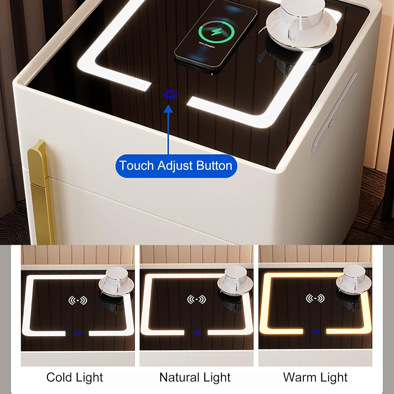 Noptiera cu statie de incarcare, seif ascuns si iluminare LED reglabila 3 culori pentru dormitor si living