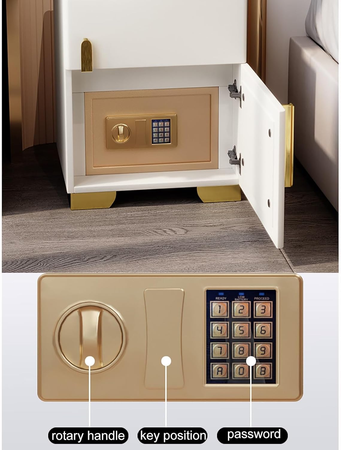 Noptiera cu statie de incarcare, seif ascuns si iluminare LED reglabila 3 culori pentru dormitor si living