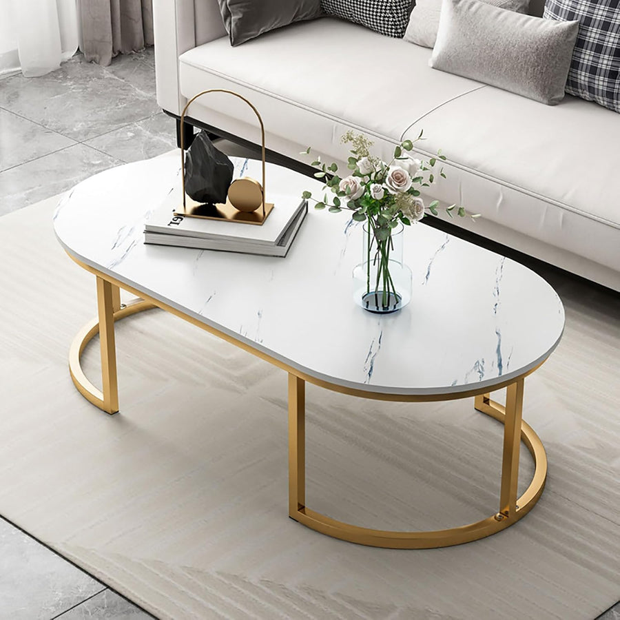 RESIGILAT - Masuta de cafea ovala, minimalista, design nordic, aspect marmura alba, 120 x 60 x 45 cm