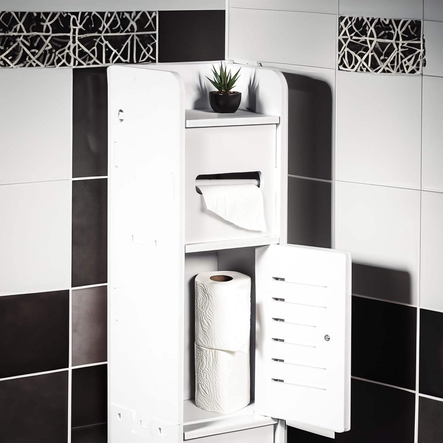 Dulap slim pentru baie cu suport hartie si 3 polite depozitare, alb, 80 cm x 17 cm x 15 cm