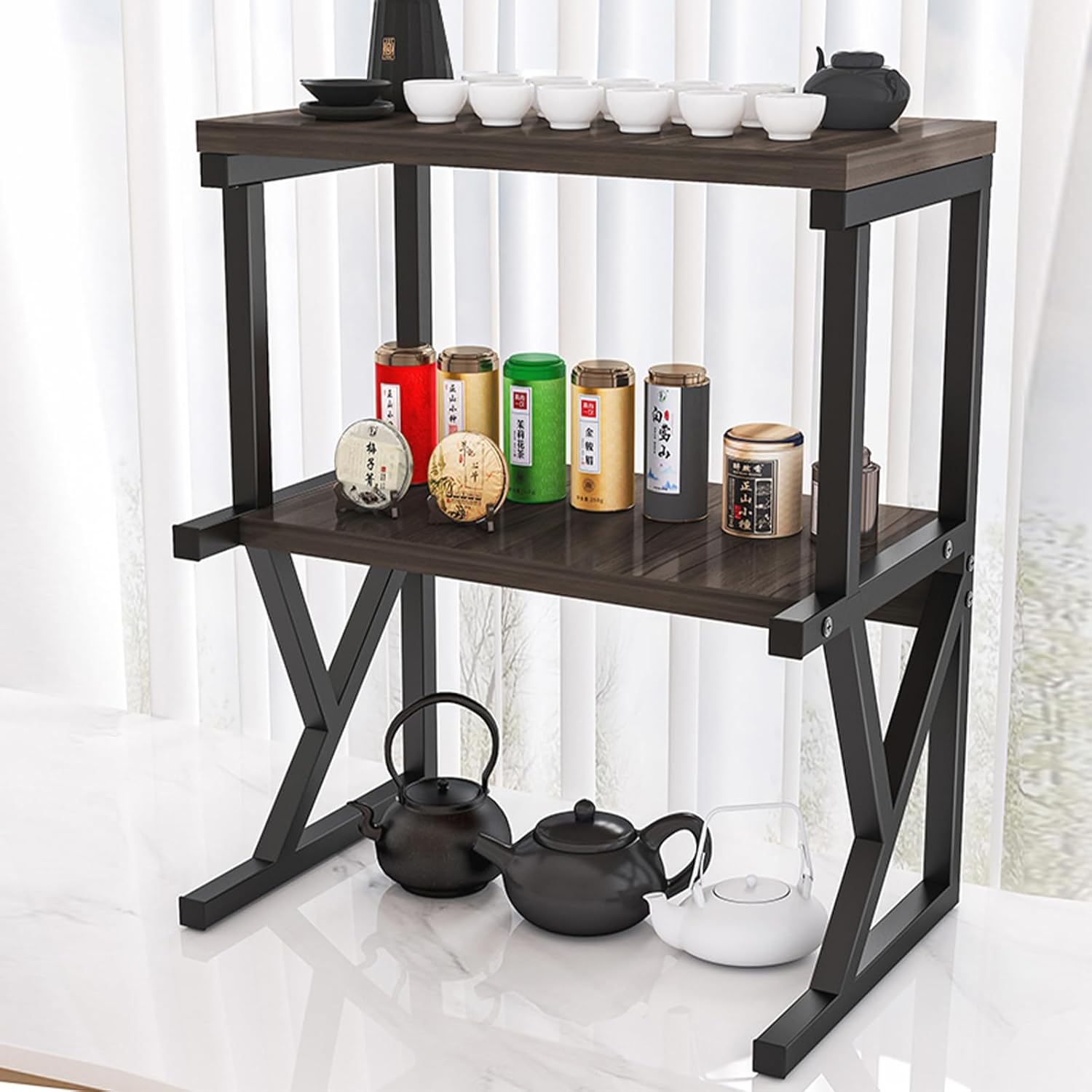 RESIGILAT - Raft univeral pentru cuptorul cu microunde, cu 2 niveluri, lemn-metal, 68.5x54x37cm