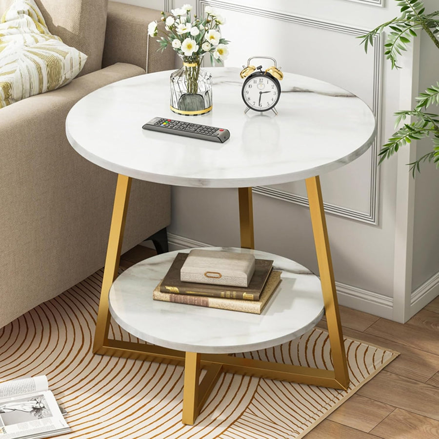 Masuta rotunda 2 niveluri cu blat tip marmura si picioare metalice incrucisate, design modern 50 X 57 CM