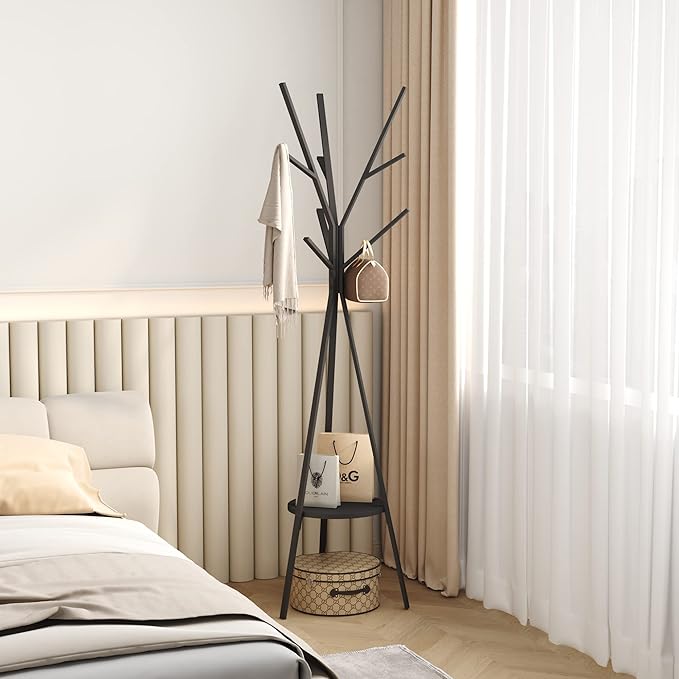 RESIGILAT - Cuier haine cu suport din lemn pentru accesorii, 9 carlige, otel carbon, 180 x 45 cm, negru