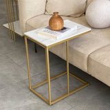 RESIGILAT - Masuta laterala cu blat tip C, marmura lucios si picioare aurii, design modern 45 x 30 x 54 cm