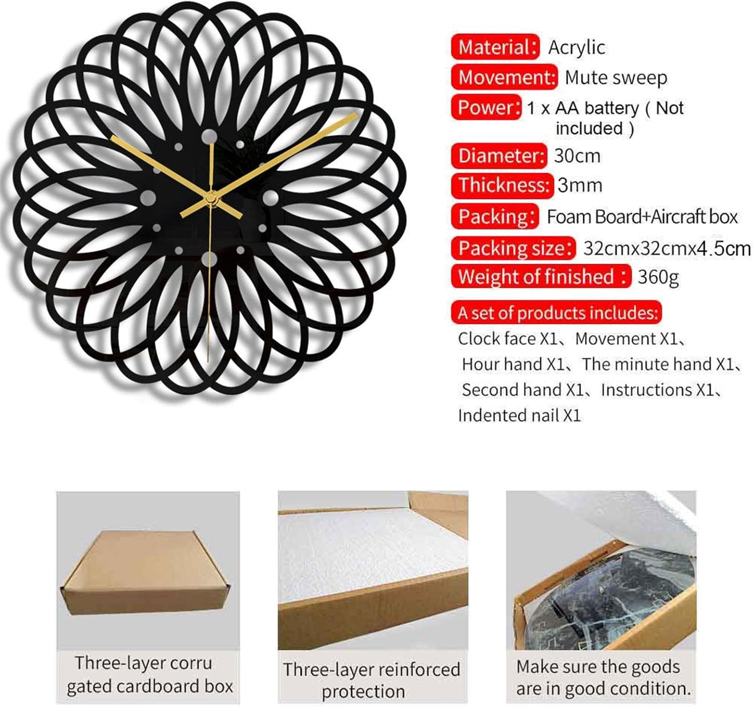 Ceas de perete  30 cm design geometric 3D modern silentios culoare neagra