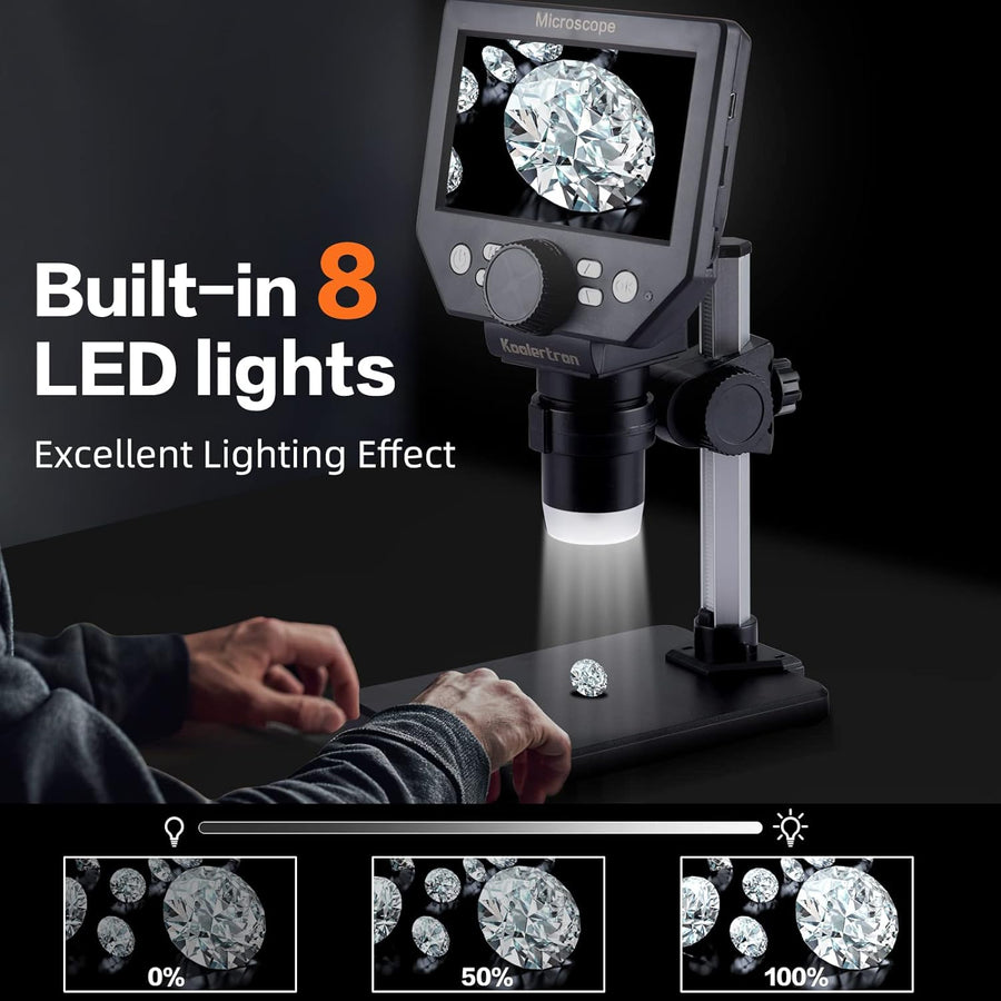 Microscop digital LCD 4.3” HD, 8MP, zoom 1-1000X, 8 LED-uri, baterie reincarcabila si suport PC