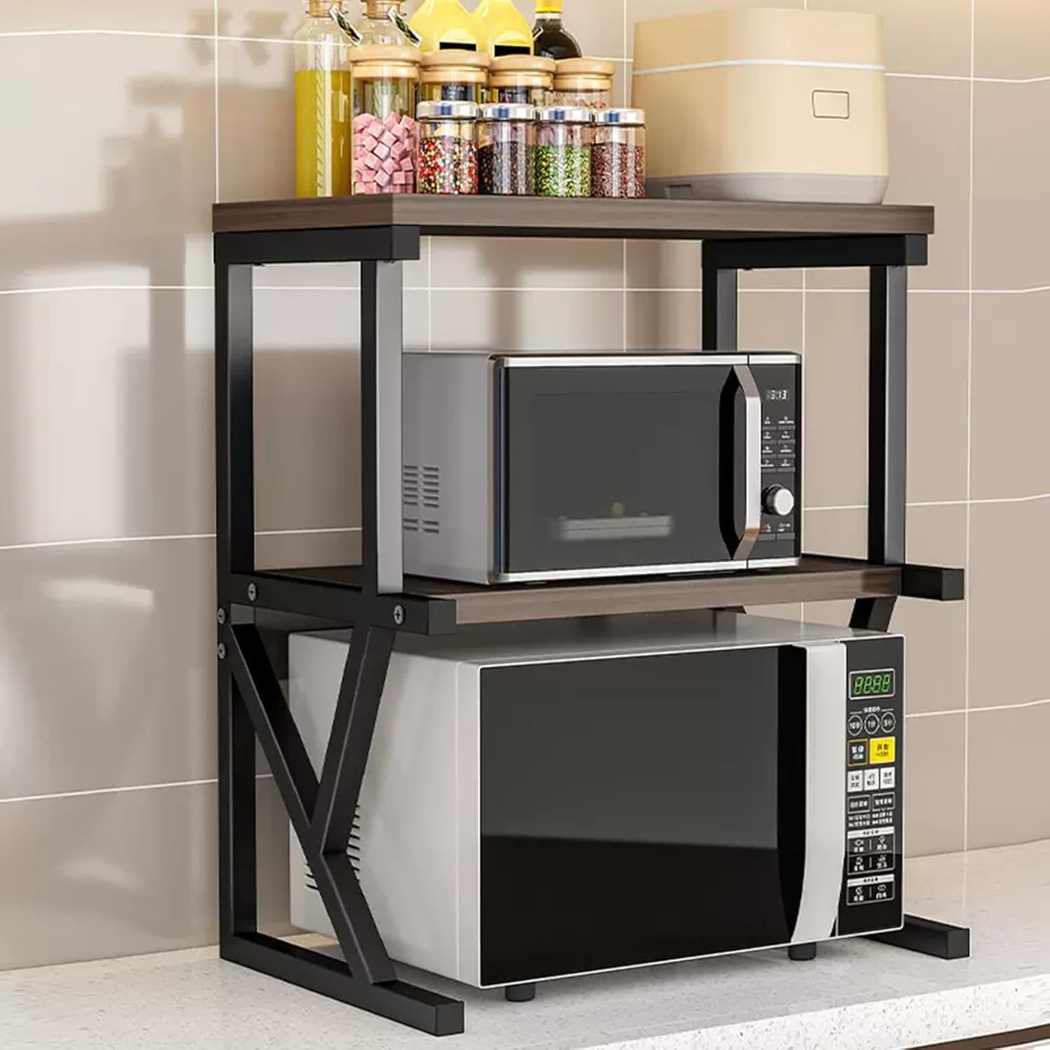 RESIGILAT - Raft univeral pentru cuptorul cu microunde, cu 2 niveluri, lemn-metal, 68.5x54x37cm