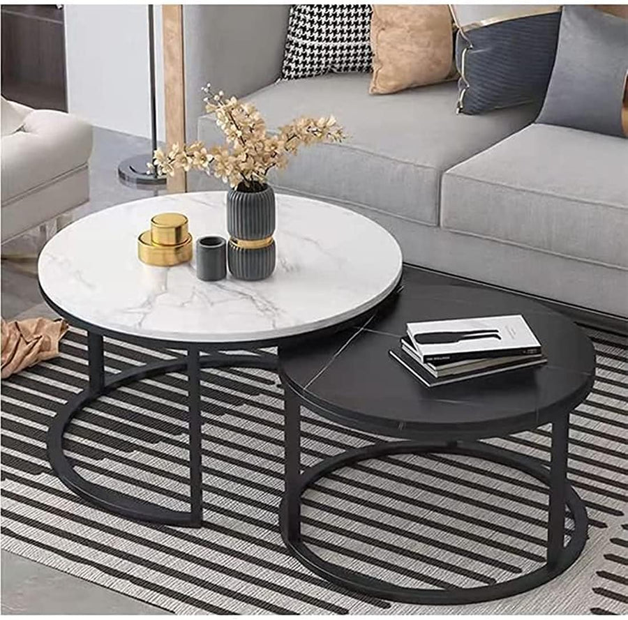 RESIGILAT - Set 2 masute rotunde de cafea cu efect de marmura, diametru 80/60 cm, blat MDF, cadru metalic