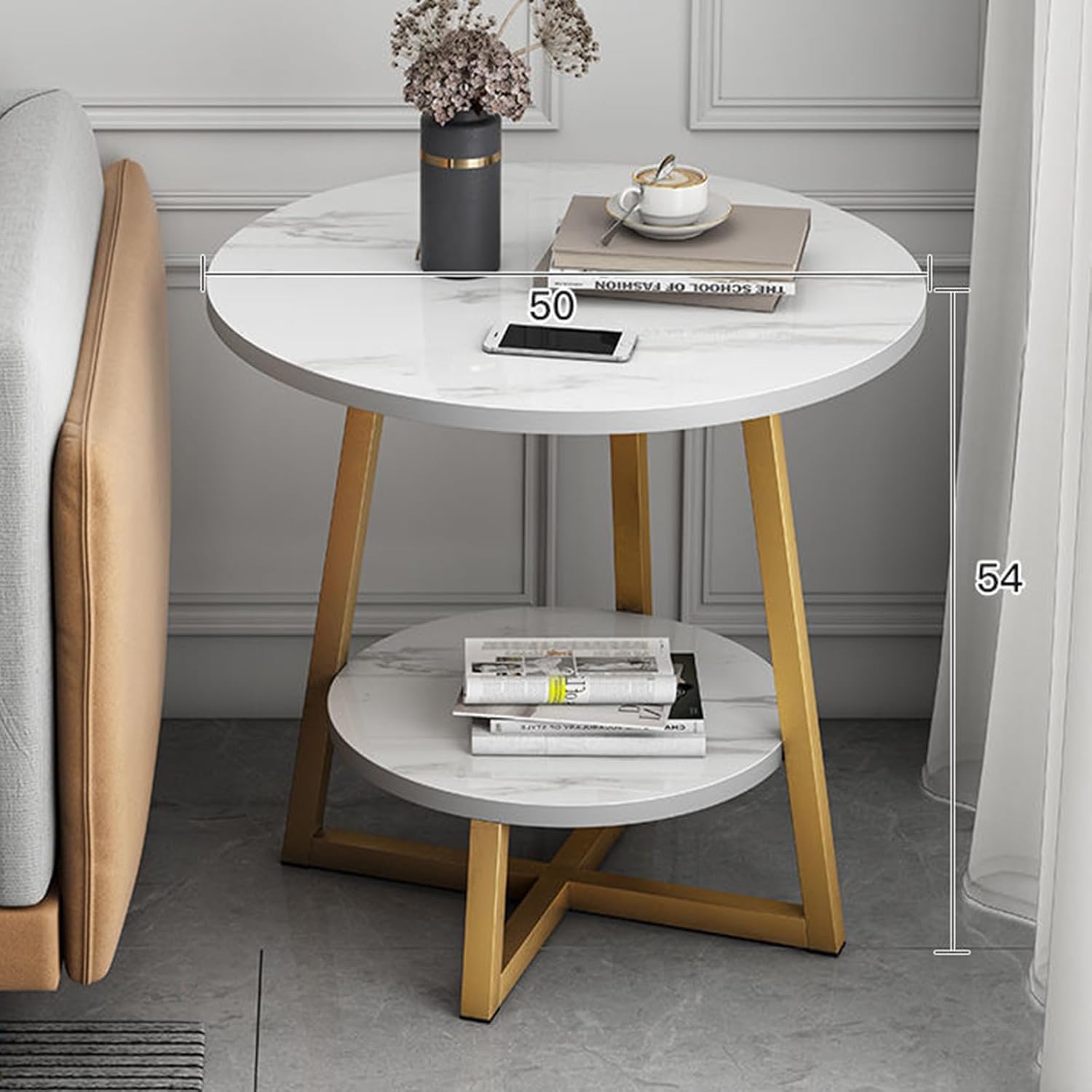 Masuta rotunda 2 niveluri cu blat tip marmura si picioare metalice incrucisate, design modern 50 X 57 CM