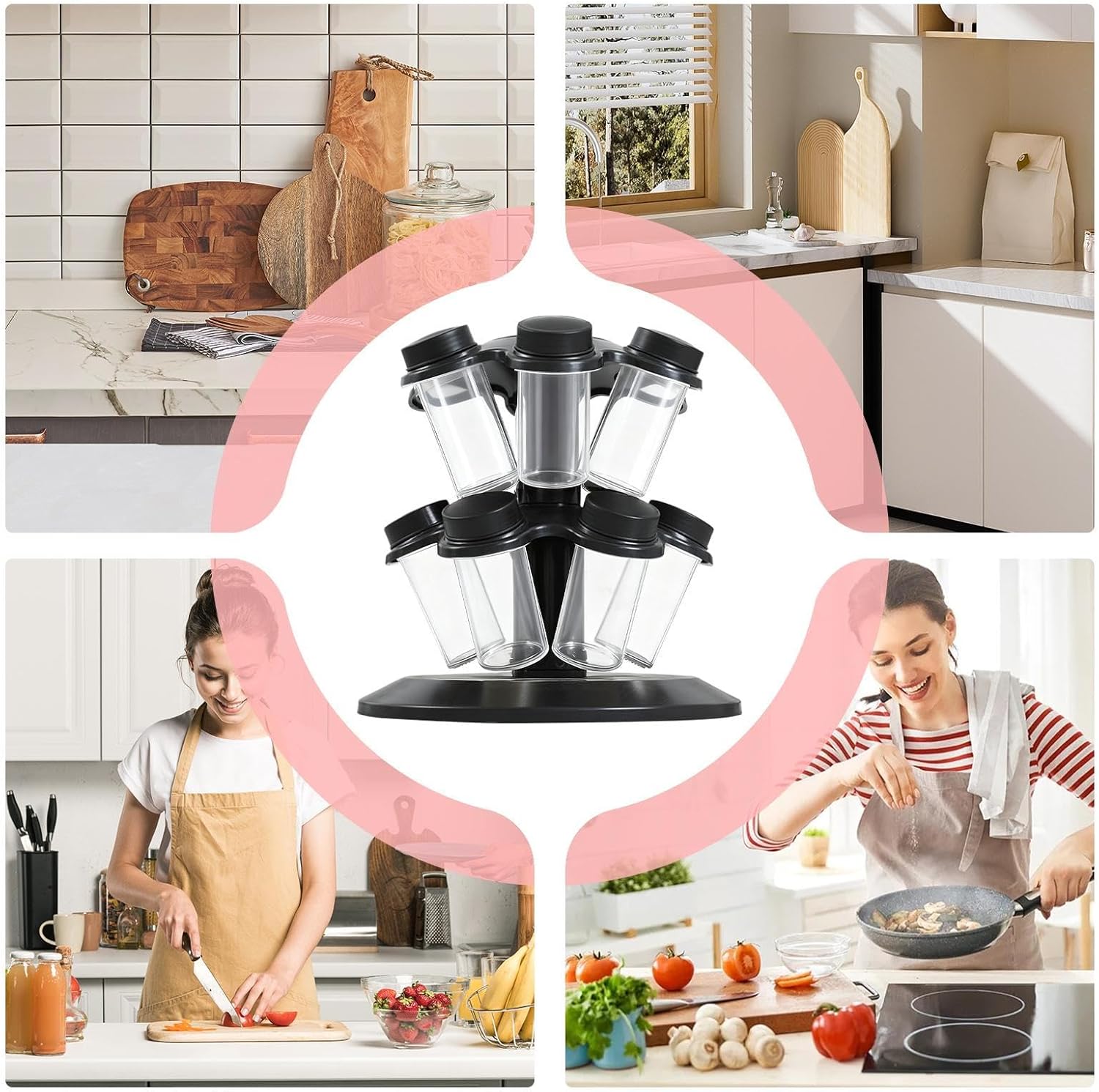 Suport rotativ pentru condimente cu 12 borcane, design tip ciuperca