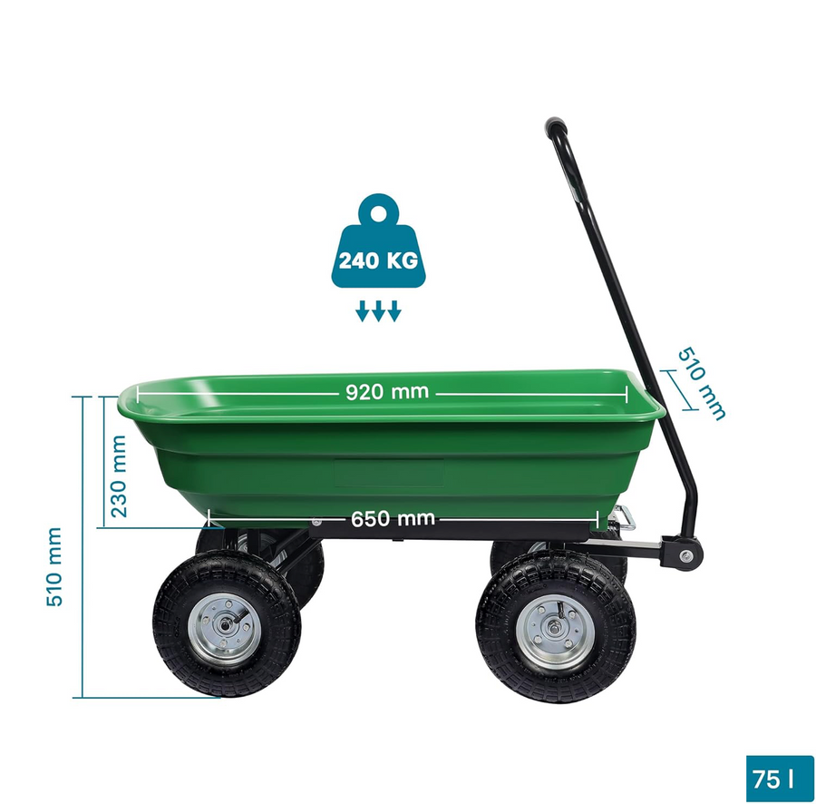 Carucior pentru gradina si curte, cuva basculanta, 125 L, roti cauciuc, verde