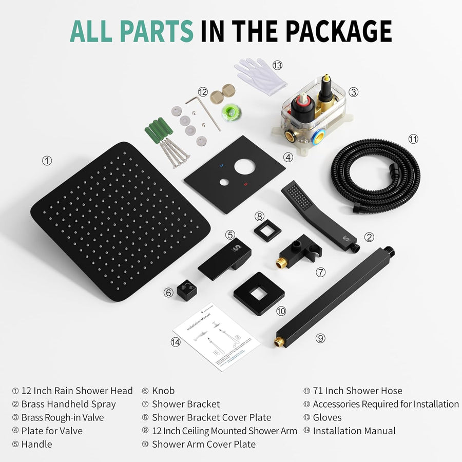 Set de dus incastrat cu para patrata de 25 cm, negru mat sau gri, cu 2 functii de curgere a apei